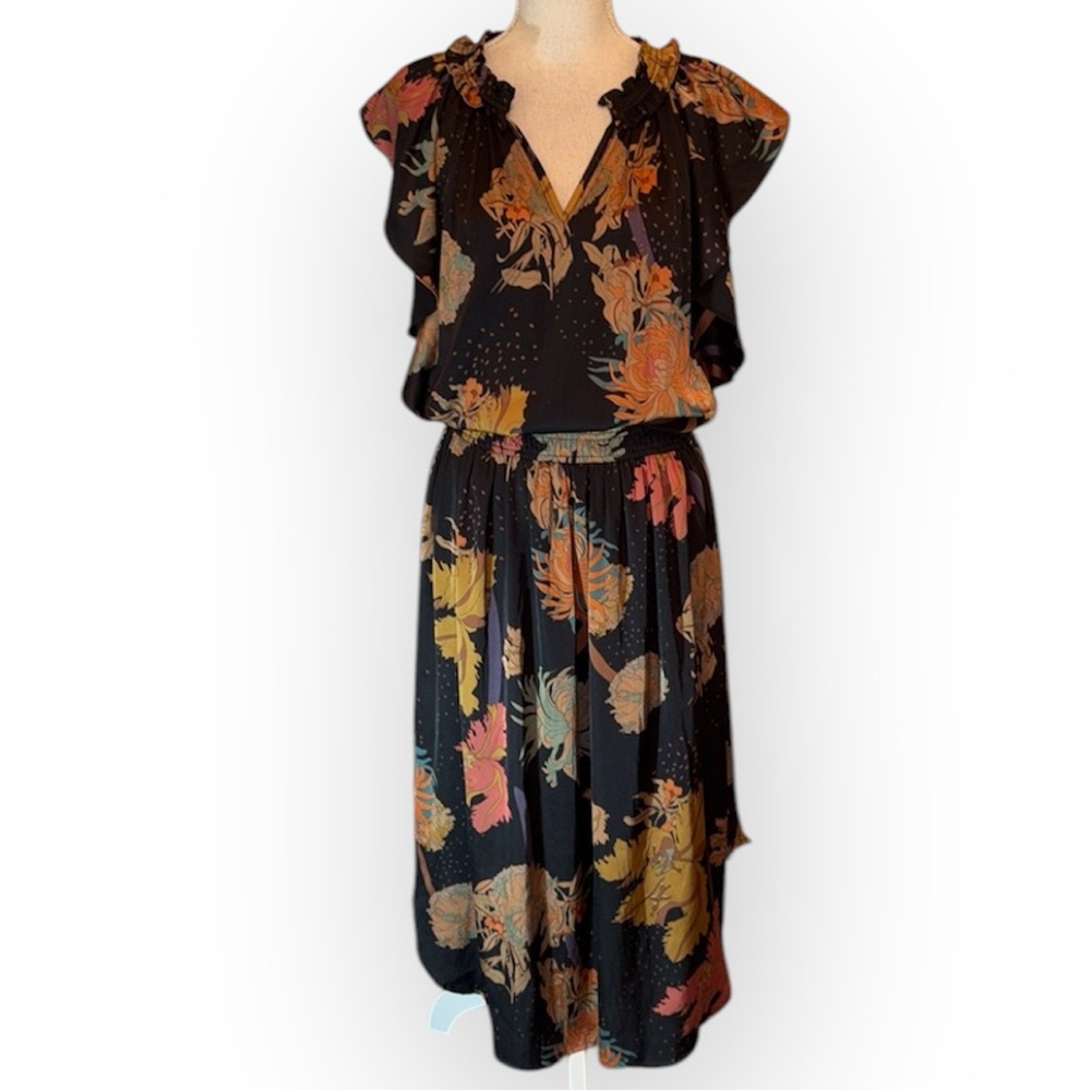 JODIFL Black Midi Dress with Mustard, Coral & Teal Floral Print